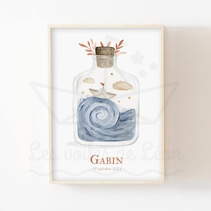 Ozean Geburtsplakat Vorname 30x40cm personalisiert Aquarell Illustration Glas Boot Papier Meer Wanddekoration Babyzimmer Seemann