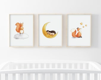 Set of 3 children's posters: fox, hedgehog, squirrel, among the stars, nursery decor, baby room decoration, handmade watercolor posters