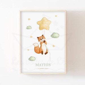 Acuarela zorro estrellas nubes A4 (21x29.7cm) o 13x18cm decoración de pared habitación de bebé idea de regalo animales de nacimiento cielo