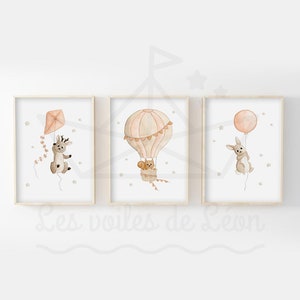 Conjunto de 3 acuarelas bebé globo aerostático A4 (21x29,7cm) O 13x18cm animales del bosque ciervo ardilla conejo decoración de pared carteles habitación infantil
