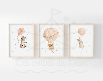 Set of 3 watercolor baby hot air balloon animals forest deer squirrel rabbit wall decoration posters nursery