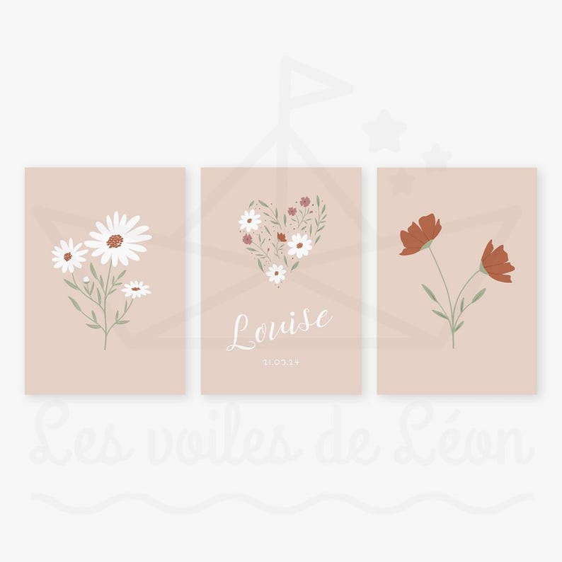 Set of 3 Personalized Flower Posters Floral Wall Decoration Boho