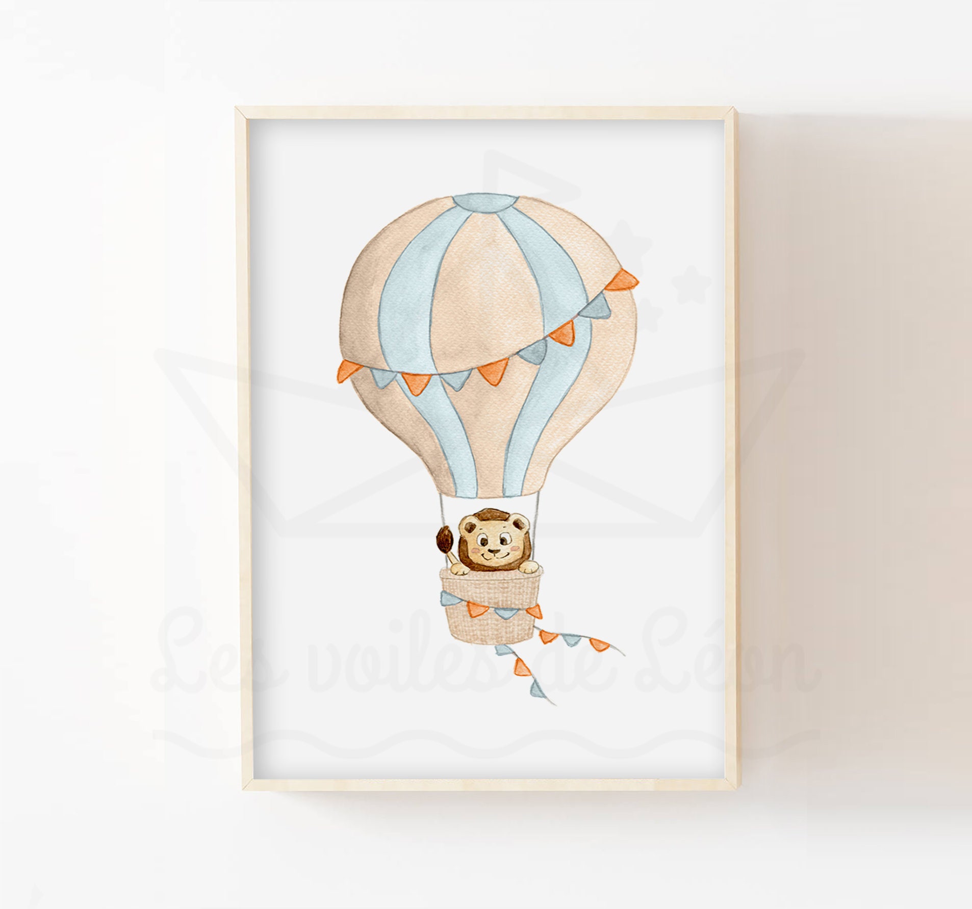 Affiche Bébé Lion 30x40cm Aquarelle Montgolfière Ciel Idée Cadeau Naissance Décoration Murale Chambr