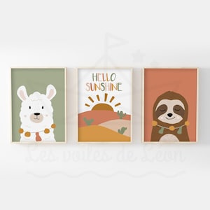Set of 3 boho children's posters A4 (21x29.7cm) or 13x18cm lama sun sloth wall decoration baby room terracotta green birth gift