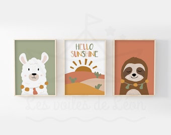 Set of 3 children's boho llama sun sloth posters, terracotta green nursery wall decoration, baby gift