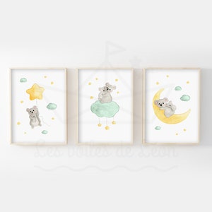 Juego de 3 pósters para habitación de bebé A4/13x18, acuarelas de koalas en las estrellas, regalo de nacimiento, bautismo, decoración de pared de habitación infantil