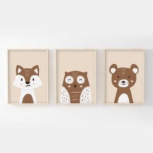 Póster infantil de bosque, 30 x 40 cm, set de 3 pósteres, oso, búho, zorro, regalo de nacimiento, decoración de pared, habitación de bebé, animales, marrón, beige, verde