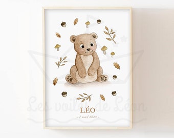 Child bear poster 30X40cm watercolor illustration forest animal wall decoration baby room bear cub birth gift idea