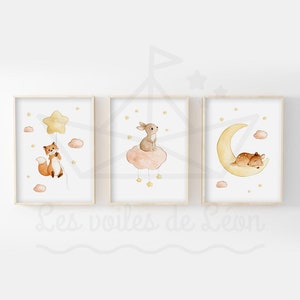 Set of 3 baby watercolors stars theme A4 (21x29.7cm) OR 13x18cm forest animals fox rabbit fawn wall decoration child birth gift