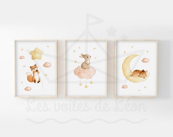 Set of 3 baby watercolor paintings with a star and animal theme: forest, fox, rabbit, fawn. Wall decoration for children, perfect as a baby shower gift.