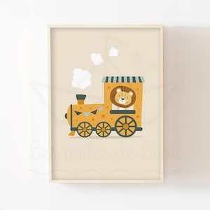 Póster de locomotora para bebé A4 (21x29,7 cm) o 13x18 cm, idea decorativa para habitación infantil, póster de pared, vehículo, tren, safari, león