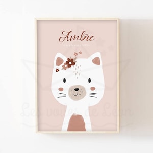 Affiche bébé chat fleurs personnalisée 30x40cm Décoration bohème chambre fille prénom idée cadeau naissance