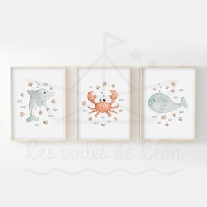 Conjunto de 3 carteles de acuarela bebé marino A4 (21x29,7cm) O 13x18cm decoración de pared habitación infantil ilustraciones marinas océano delfín cangrejo ballena