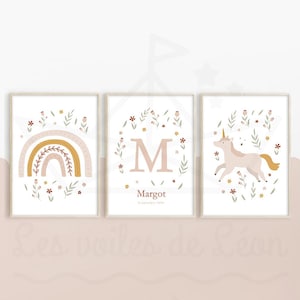 Juego de 3 pósters personalizados de unicornio arcoíris para niña, tamaño A4 o 13 x 18 cm, decoración de pared para habitación infantil, póster de nacimiento de bebé con flores de princesa