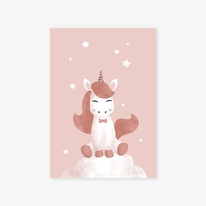 May include: A pink and white unicorn with a brown horn and bow tie sits on a white cloud with white stars on a pink background.