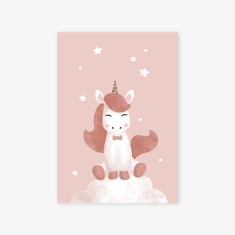 May include: A pink and white unicorn with a brown horn and bow tie sits on a white cloud with white stars on a pink background.