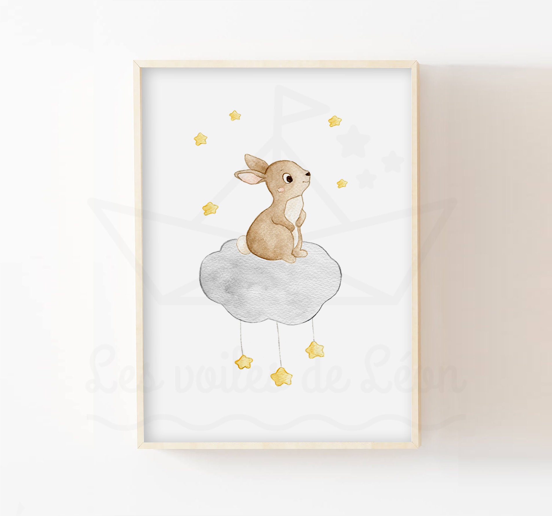 Illustration Lapin Ciel 30x40cm Aquarelle Nuage Étoiles Idée Cadeau Naissance Décoration Murale Cham