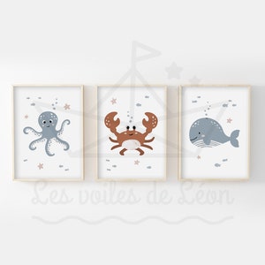 3er Set Kinder Meer Poster 30x40cm Marine Trio Krabbe Wal Oktopus Wanddeko Babyzimmer Ozean