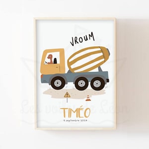 Póster de camión con peonza para niños A4 (21x29,7 cm) O 13x18 cm decoración de pared equipo de construcción hormigonera cartel para niño vehículo para bebé
