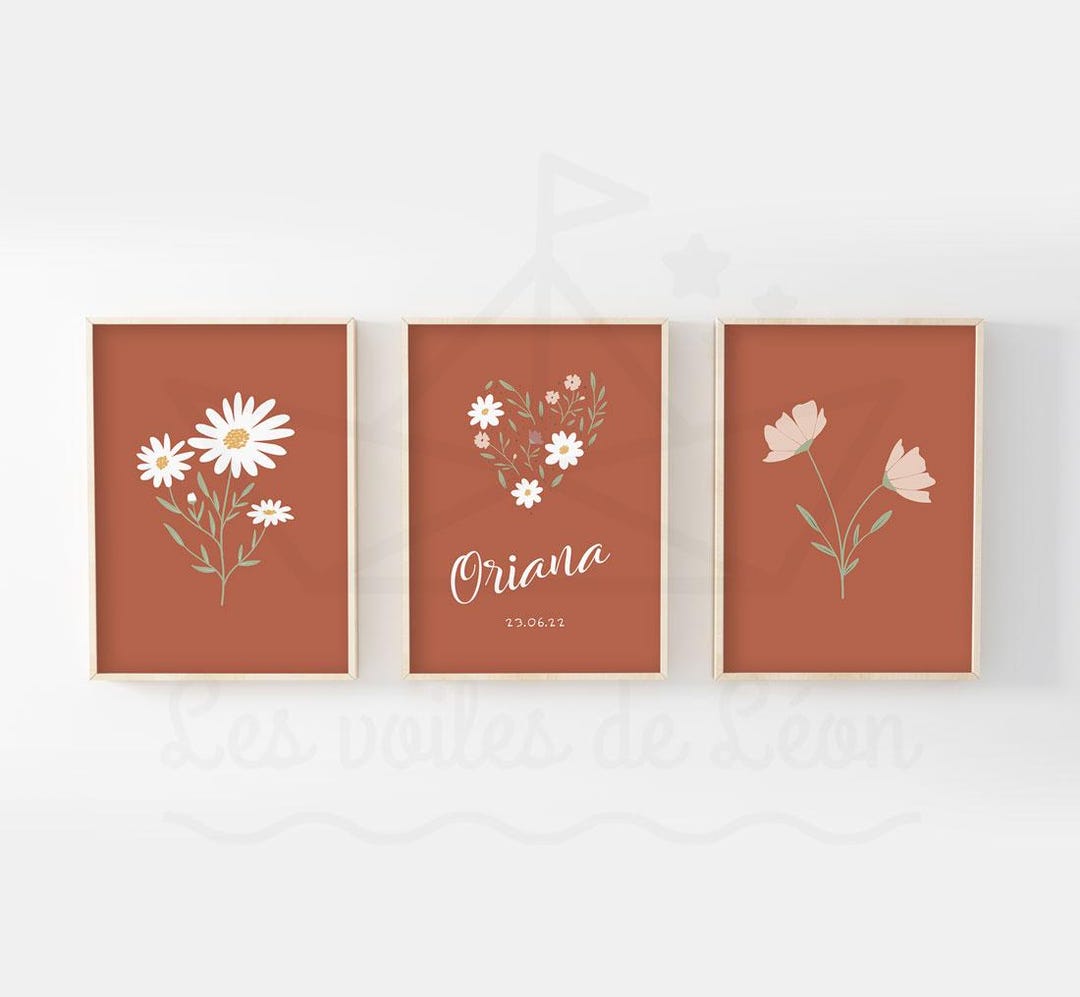 Set of 3 Personalized Flower Posters 30x40cm Floral Wall Decoration