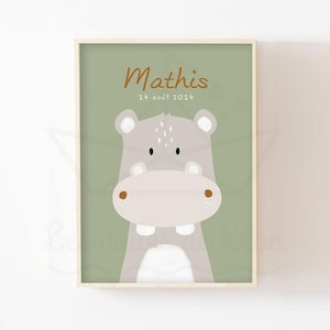 Póster de hipopótamo para niños, 30x40 cm, decoración de pared para dormitorio de bebé, póster de safari, nombre personalizado, sabana animal, regalo de nacimiento mixto