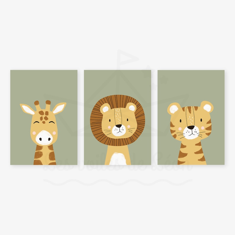 Lot 3 affiches enfant safari A421x29,7cm ou 13x18cm lion girafe tigre décoration murale chambre bébé idée cadeau naissance Vert olive