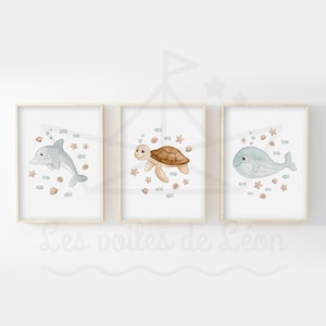 Conjunto de 3 aquarelas de bebê marinho 30x40cm decoração de parede ilustrações de quarto infantil baleia tartaruga golfinho pôsteres animais do oceano