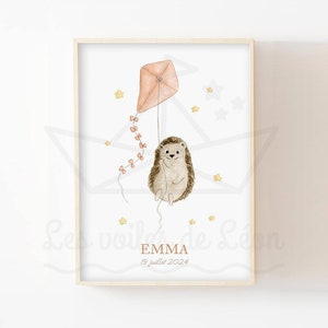 Baby hedgehog kite poster A4 (21x29.7cm) or 13x18cm watercolor illustration stars wall decoration child's room animals forest sky