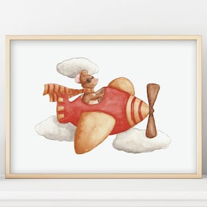 Póster de avión infantil A4 (21 x 29,7 cm) O 13 x 18 cm, ilustración de acuarela, ratón, avión, decoración de pared, bebé, vehículo vintage, póster de nacimiento