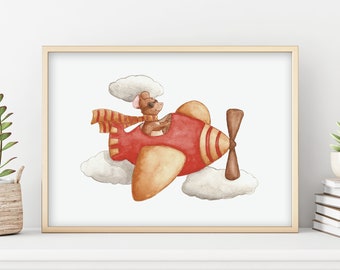 Children's airplane poster, watercolor illustration, mouse airplane wall decoration, baby vehicle vintage birth poster