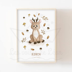 Decoración de habitación de bebé personalizada A4 (21x29,7cm) O 13x18cm ilustración de acuarela nacimiento nombre ciervo niño cartel animales del bosque