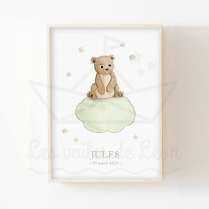 Baby Bär Poster Wolke 30x40cm Aquarell Illustration Himmel Wanddeko Kinderzimmer Tierposter Sterne Geschenkidee Geburt