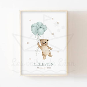 Poster Babybär 30x40cm Aquarell Illustration Luftballons Himmel Wanddeko Kinderzimmer Tierposter Sterne Geschenkidee Geburt