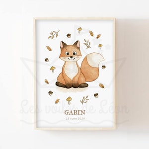 Póster de zorro con nombre de bebé A4 (21 x 29,7 cm) O 13 x 18 cm, ilustración de acuarela, decoración de pared para habitación de niño, póster de animales del bosque
