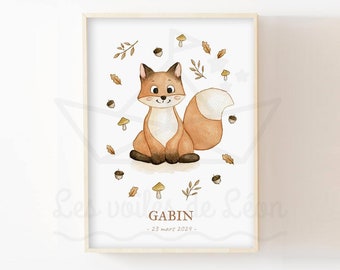 Fox baby name poster, watercolor illustration, nursery wall decoration, forest animal poster