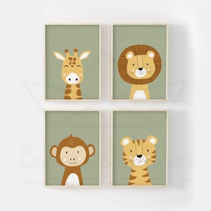 Juego de 4 carteles de safari A4 (21 x 29,7 cm) o 13 x 18 cm, póster de león, jirafa, tigre y mono, decoración de pared para habitación de bebé, idea de regalo de nacimiento en la sabana