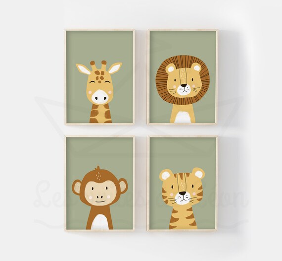 Lot 4 affiches safari  lion girafe tigre singe poster chambre bébé décoration murale savane idée cadeau naissance