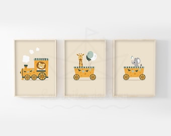 Set of safari train posters for baby room decoration: lion, giraffe, elephant, poster ideas, baby registry