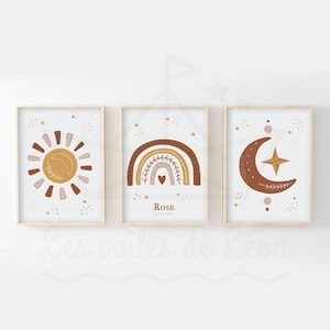 Set of 3 terracotta boho children's posters A4 (21x29.7cm) or 13x18cm rainbow moon sun wall decoration baby room birth gift