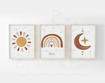 Set of 3 children's terracotta boho rainbow moon sun wall art posters for baby's room, perfect as a baby shower gift