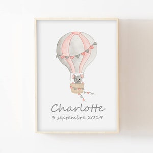 Póster con el nombre del niño, tamaño A4/13 x 18, ilustración en acuarela de un ratón con globo aerostático, idea de regalo para el nacimiento de un bebé, póster de pared con animales