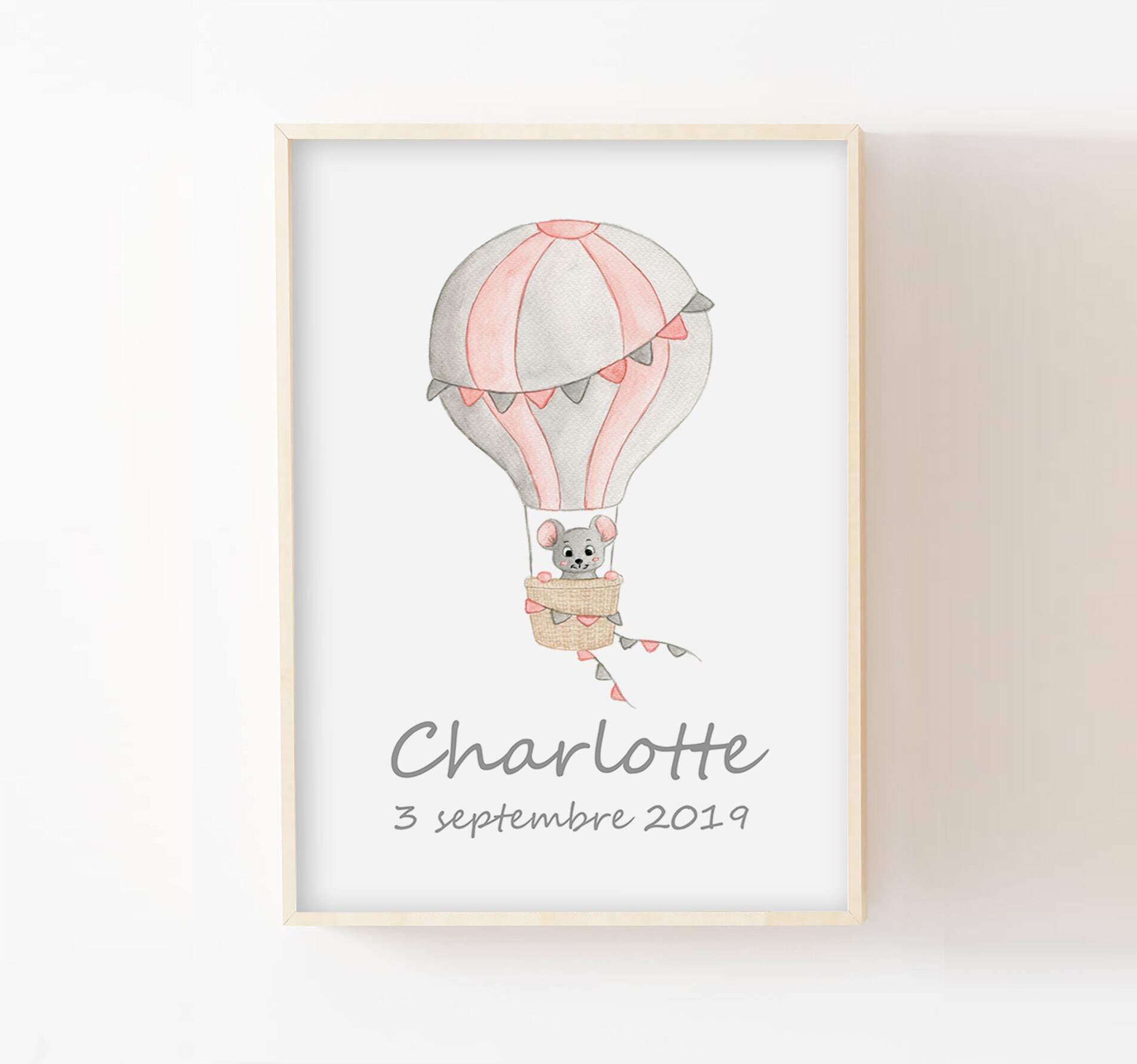 Affiche Prénom Enfant, A4/13x18, Illustration Aquarelle Souris Montgolfière, Idée Cadeau Naissance B