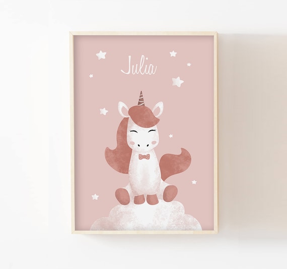 Affiche enfant licorne , décoration chambre bébé, poster mural conte, féerique, fille, nuage, étoiles, idée cadeau naissance