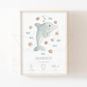 Póster marino personalizado A4 (21 x 29,7 cm) O 13 x 18 cm, ilustración en acuarela, decoración de pared con delfines, póster de animales marinos del océano para habitación de bebé