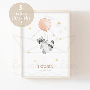Babyhimmel Poster A4 (21x29,7cm) ODER 13x18cm Aquarell Illustration Waschbär Luftballon Sterne Kinderzimmer Deko Waldtier Poster