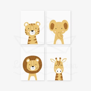 Lot 4 affiches safari A421x29,7cm ou 13x18cm lion girafe tigre éléphant poster chambre bébé décoration murale savane idée cadeau naissance Blanc