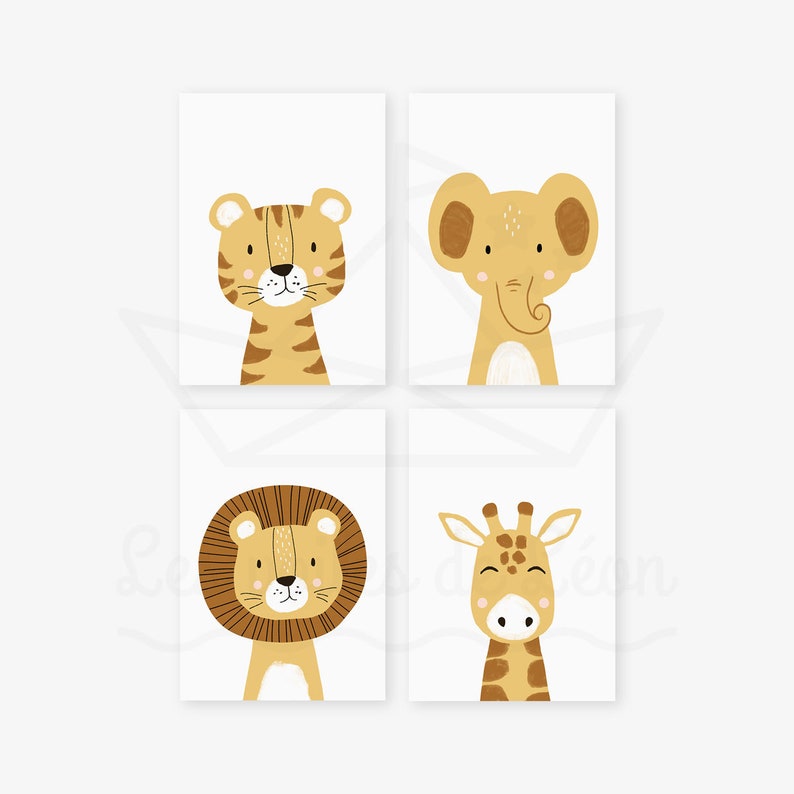 Lot 4 affiches safari A421x29,7cm ou 13x18cm lion girafe tigre éléphant poster chambre bébé décoration murale savane idée cadeau naissance Blanc