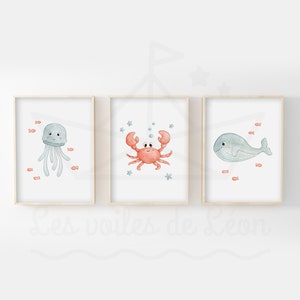 Aquarelle für Babyzimmer 30x40cm, Wanddekoration Meer für Kinder, Illustrationen Quallen, Krabben, Wale, Tierplakate, Geburtsgeschenk