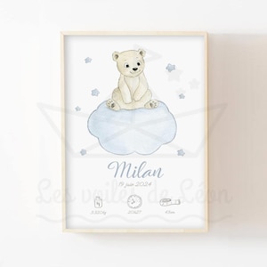 Póster de nacimiento osito de peluche A4 (21x29,7cm) o 13x18cm ilustración acuarela estrellas nube decoración habitación infantil nombre bebé personalizado