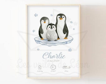 Baby penguin watercolor poster stars A4 (21x29.7cm) OR 13x18cm wall decoration children's room polar animals birth gift idea
